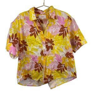 xirena Yellow Pink Floral Short Sleeve Button Down 100% Cotton Size‎ M
